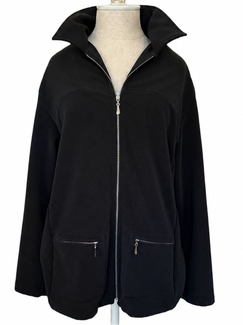 Chico’s Black Zip Front Knit Jacket Size 2 Large USA Zip Pocket Career Layer USA